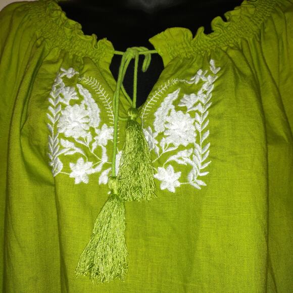 Lime Green Linen Blend Top Women's Blouse 2X Embroidered Tassels Boho Festival - Picture 8 of 16